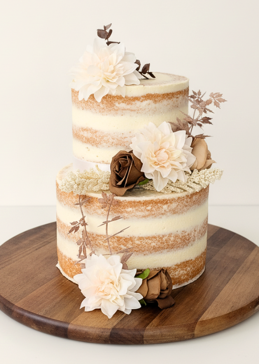 Artificial wedding cake flowers from the Monique set, with white blooms, brown faux roses and muted foliage arranged over two tiers. For birthday, event and celebration cakes. Made in Melbourne by Flowers For Ever After, shipping Australia and Worldwide.