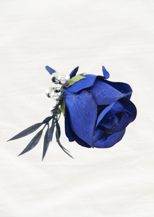 Artificial wedding boutonniere, top view of a navy blue faux rose, silver beads and dark slender foliage. For formals, proms and ball occasions. Made in Melbourne by Flowers For Ever After, shipping Australia and Worldwide.