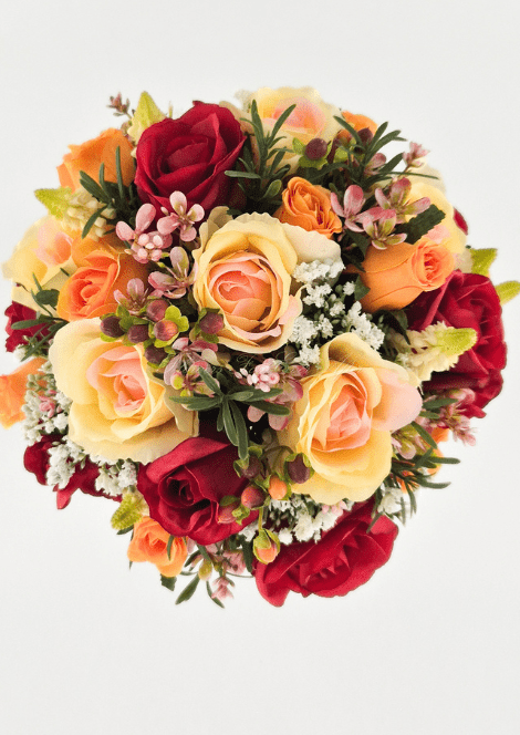 Artificial wedding rounded bouquet with red, orange and peach-cream faux roses, tiny white flowers and small pink blossoms. Made in Melbourne by Flowers For Ever After, shipping Australia and Worldwide.