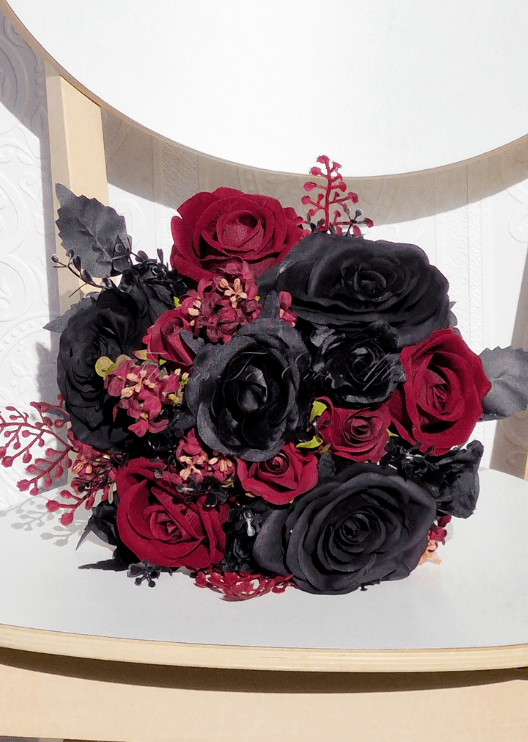 Artificial wedding bridal bouquet with mixed faux flowers, green foliage and ribbon-wrapped stems. Made in Melbourne by Flowers For Ever After, shipping Australia and Worldwide.