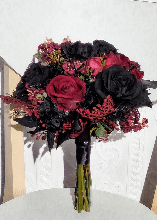 Artificial wedding bridal bouquet, front view of mixed faux blooms and green leaves. Made in Melbourne by Flowers For Ever After, shipping Australia and Worldwide.