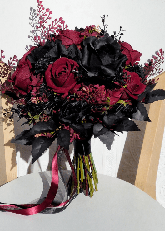 Artificial wedding bridal bouquet, side view of mixed faux flowers and ribbon-wrapped stems. Made in Melbourne by Flowers For Ever After, shipping Australia and Worldwide.