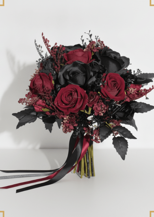 Artificial wedding bridal bouquet with mixed faux flowers, green foliage and a wrapped handle. Made in Melbourne by Flowers For Ever After, shipping Australia and Worldwide.