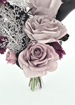 Artificial wedding bouquet detail showing layered dusty lilac faux rose petals, black calla lily and fine silver foliage. Made in Melbourne by Flowers For Ever After, shipping Australia and Worldwide.