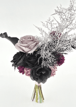 Artificial wedding bridesmaid bouquet, reverse view of black faux roses, dusty lilac rose, burgundy pompom flowers and tall silver sprigs. Made in Melbourne by Flowers For Ever After, shipping Australia and Worldwide.