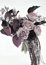 Artificial wedding bridal bouquet close-up with dusty lilac and black faux roses, mauve anthuriums, black calla lilies and trailing dark strands. Made in Melbourne by Flowers For Ever After, shipping Australia and Worldwide.