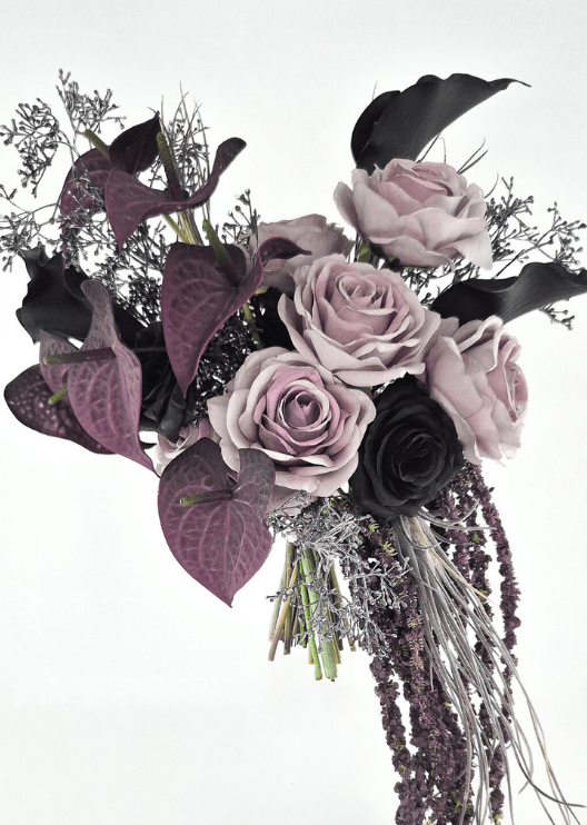 Artificial wedding bridal bouquet close-up with dusty lilac and black faux roses, mauve anthuriums, black calla lilies and trailing dark strands. Made in Melbourne by Flowers For Ever After, shipping Australia and Worldwide.