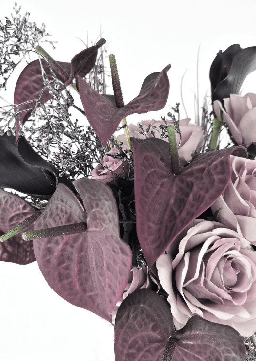 Artificial wedding bouquet close-up showing heart-shaped mauve faux anthuriums, dusty lilac roses and fine silver foliage. Made in Melbourne by Flowers For Ever After, shipping Australia and Worldwide.