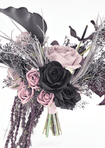 Artificial wedding bridal bouquet, reverse view of black and dusty lilac faux roses, black calla lily, silver sprigs and trailing dark strands. Made in Melbourne by Flowers For Ever After, shipping Australia and Worldwide.
