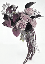 Artificial wedding cascading bridal bouquet with dusty lilac and black faux roses, black calla lilies, mauve anthuriums and trailing dark floral strands. Made in Melbourne by Flowers For Ever After, shipping Australia and Worldwide.
