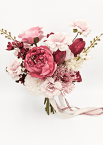 Artificial wedding bouquet close-up showing layered faux flower petals and green foliage. Made in Melbourne by Flowers For Ever After, shipping Australia and Worldwide.