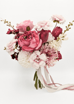 Artificial wedding bouquet with mixed faux flowers, green foliage and ribbon-wrapped stems. Made in Melbourne by Flowers For Ever After, shipping Australia and Worldwide.