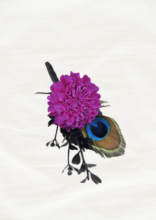 Artificial wedding boutonniere, overhead view of a magenta faux pompom flower, peacock feather and black sprigs. For formals, proms and ball occasions. Made in Melbourne by Flowers For Ever After, shipping Australia and Worldwide.