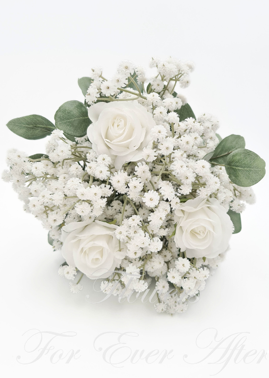 Artificial wedding bouquet, overhead view of three white faux roses surrounded by white baby's breath and eucalyptus. Made in Melbourne by Flowers For Ever After, shipping Australia and Worldwide.