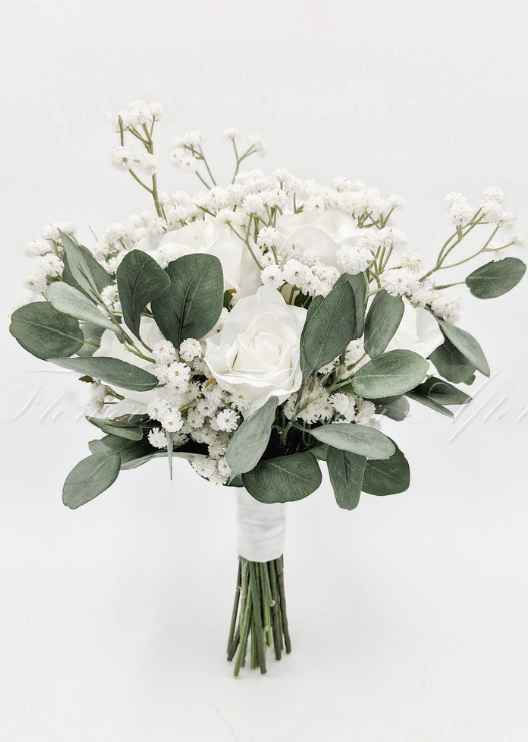 Artificial wedding bridal bouquet close-up showing faux roses, small flower clusters and green leaves. Made in Melbourne by Flowers For Ever After, shipping Australia and Worldwide.