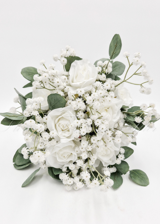 Artificial wedding bridal bouquet with faux roses, small flowers and green foliage, finished with wrapped stems. Made in Melbourne by Flowers For Ever After, shipping Australia and Worldwide.