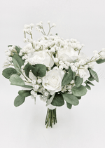 Artificial wedding bridal bouquet, front view of faux roses, smaller flowers and foliage. Made in Melbourne by Flowers For Ever After, shipping Australia and Worldwide.