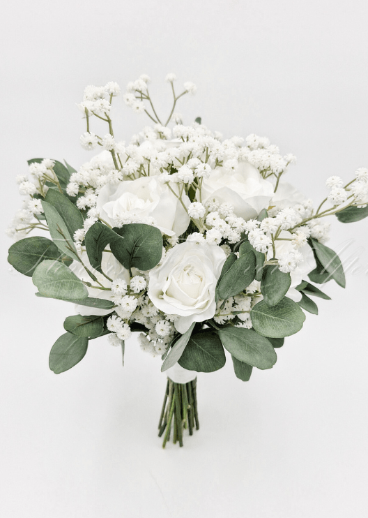 Artificial wedding bridal bouquet, front view of faux roses, smaller flowers and foliage. Made in Melbourne by Flowers For Ever After, shipping Australia and Worldwide.