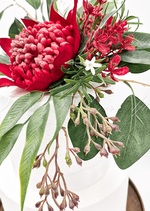 Artificial wedding cake decoration, side view of red faux waratah, yellow wattle and native-style foliage. For birthday, event and celebration cakes. Made in Melbourne by Flowers For Ever After, shipping Australia and Worldwide.