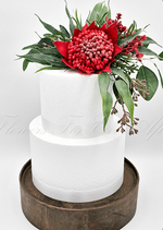 Artificial wedding cake flower set with red faux waratah, yellow wattle and green native-style foliage. For birthday, event and celebration cakes. Made in Melbourne by Flowers For Ever After, shipping Australia and Worldwide.