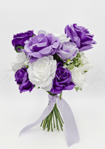 Artificial wedding rose posy with purple, lilac and white faux roses, small white filler flowers and trailing lilac ribbon. Made in Melbourne by Flowers For Ever After, shipping Australia and Worldwide.