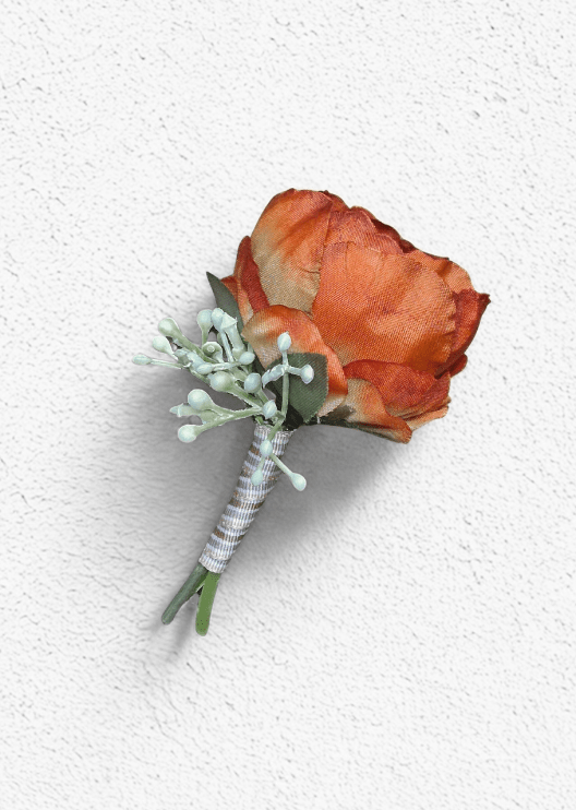 Artificial wedding boutonniere with a rust-orange faux rose, pale berry sprigs and a textured ivory-wrapped stem. For formals, proms and ball occasions. Made in Melbourne by Flowers For Ever After, shipping Australia and Worldwide.