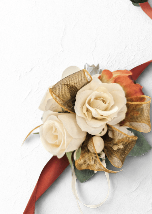 Artificial wedding wrist corsage, angled view of cream and rust-orange faux roses with gold ribbon loops and rust ribbon ties. For formals, proms and ball occasions. Made in Melbourne by Flowers For Ever After, shipping Australia and Worldwide.
