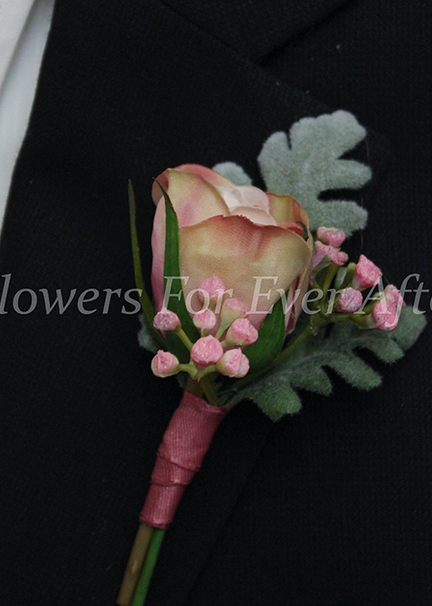 Artificial wedding boutonniere with a pale peach faux rose, blue-grey eucalyptus leaves and wrapped green stems. For formals, proms and ball occasions. Made in Melbourne by Flowers For Ever After, shipping Australia and Worldwide.