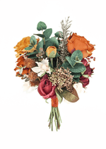 Artificial wedding bouquet, reverse view of rust, golden and burgundy faux roses, cream flowers, bronze spiky heads and eucalyptus. Made in Melbourne by Flowers For Ever After, shipping Australia and Worldwide.