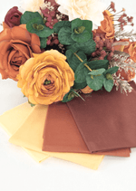 Artificial wedding bouquet colour pairing with rust and golden faux roses, eucalyptus and yellow, orange and rust fabric swatches. Made in Melbourne by Flowers For Ever After, shipping Australia and Worldwide.