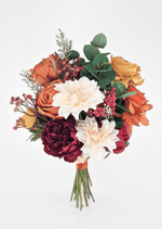 Artificial wedding small bouquet with rust and burgundy faux roses, cream dahlias, golden blooms, small reddish flowers and eucalyptus. Made in Melbourne by Flowers For Ever After, shipping Australia and Worldwide.
