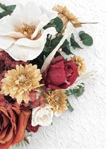 Artificial wedding bouquet detail showing white open faux bloom, burgundy rosebud, golden daisies and eucalyptus. Made in Melbourne by Flowers For Ever After, shipping Australia and Worldwide.