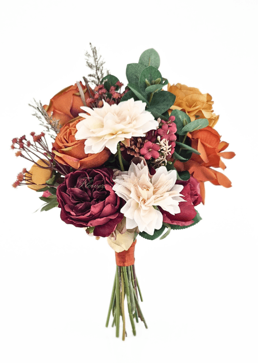 Artificial wedding small bouquet, front view of rust and burgundy faux roses, cream dahlias, golden blooms and eucalyptus. Made in Melbourne by Flowers For Ever After, shipping Australia and Worldwide.
