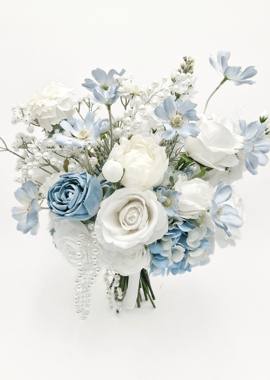Artificial wedding bridal bouquet with white and dusty blue faux roses, pale blue flowers, white sprigs and dangling pearl strands. Made in Melbourne by Flowers For Ever After, shipping Australia and Worldwide.