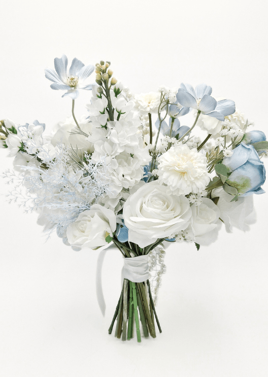 Artificial wedding bridal bouquet, reverse view of white faux roses, pale blue flowers, white sprigs and a white-wrapped handle. Made in Melbourne by Flowers For Ever After, shipping Australia and Worldwide.