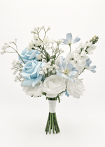 Artificial wedding bridesmaid bouquet, top view of white faux roses, pale blue flowers and small white blooms. Made in Melbourne by Flowers For Ever After, shipping Australia and Worldwide.