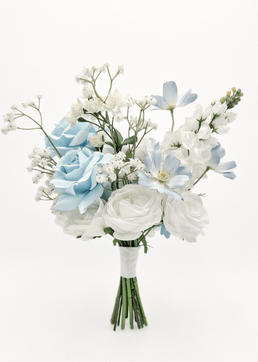 Artificial wedding bridesmaid bouquet, top view of white faux roses, pale blue flowers and small white blooms. Made in Melbourne by Flowers For Ever After, shipping Australia and Worldwide.