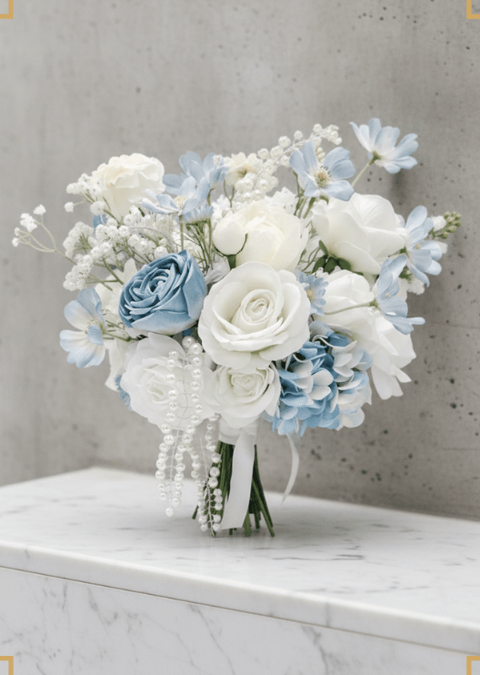 Artificial wedding bridal bouquet with white and dusty blue faux roses, pale blue flowers, blue hydrangea and dangling pearl strands. Made in Melbourne by Flowers For Ever After, shipping Australia and Worldwide.