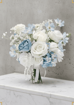 Artificial wedding bridal bouquet with white and dusty blue faux roses, pale blue flowers, blue hydrangea and dangling pearl strands. Made in Melbourne by Flowers For Ever After, shipping Australia and Worldwide.