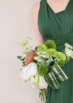 Artificial wedding bouquet, handheld side view of white faux roses, lime green blooms, green pompom flowers and curled leaves. Made in Melbourne by Flowers For Ever After, shipping Australia and Worldwide.