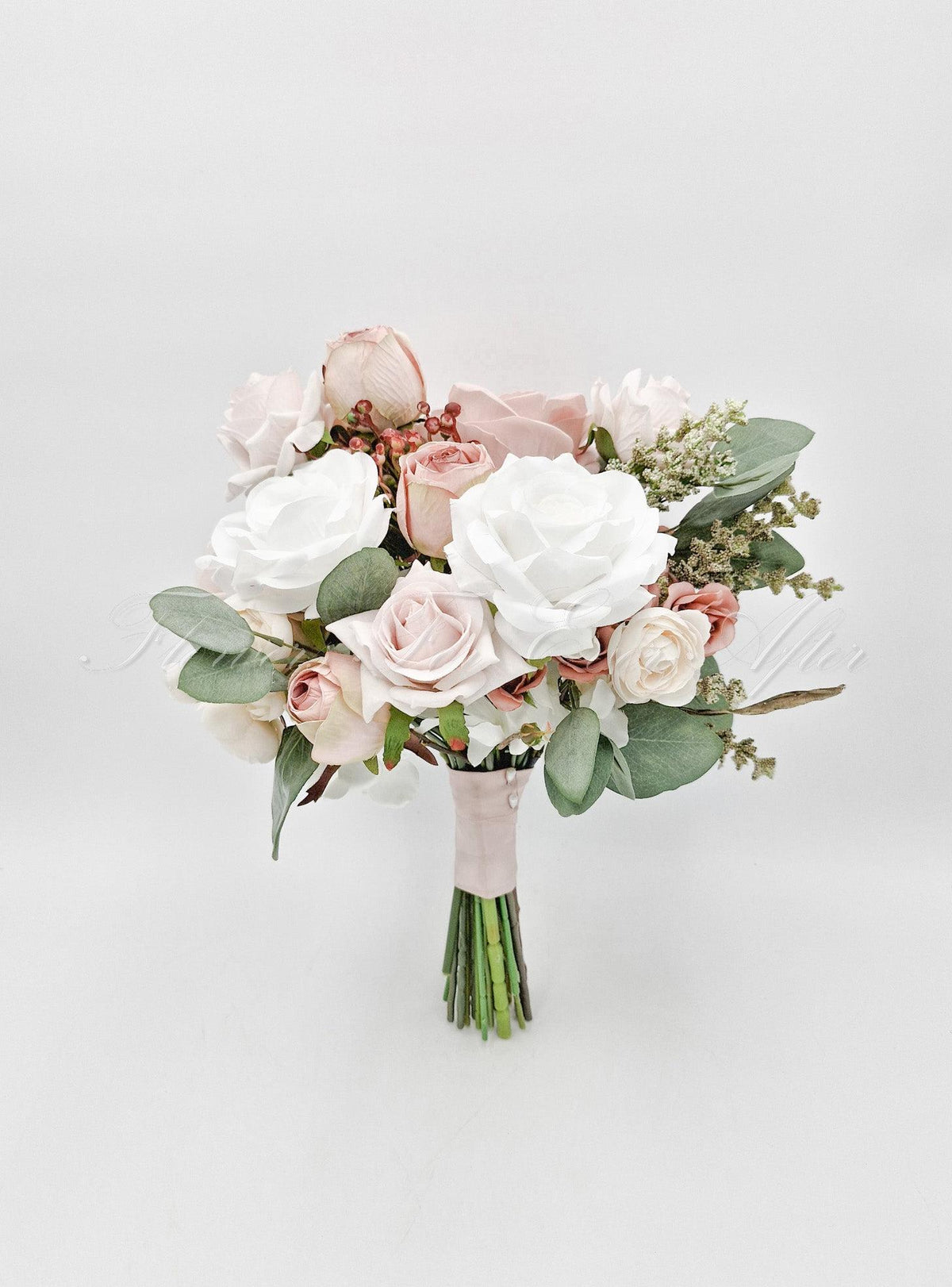 Artificial wedding bridesmaid posy with blush and white faux roses, eucalyptus and pale filler flowers, with ribbon-wrapped stems. Made in Melbourne by Flowers For Ever After, shipping Australia and Worldwide.
