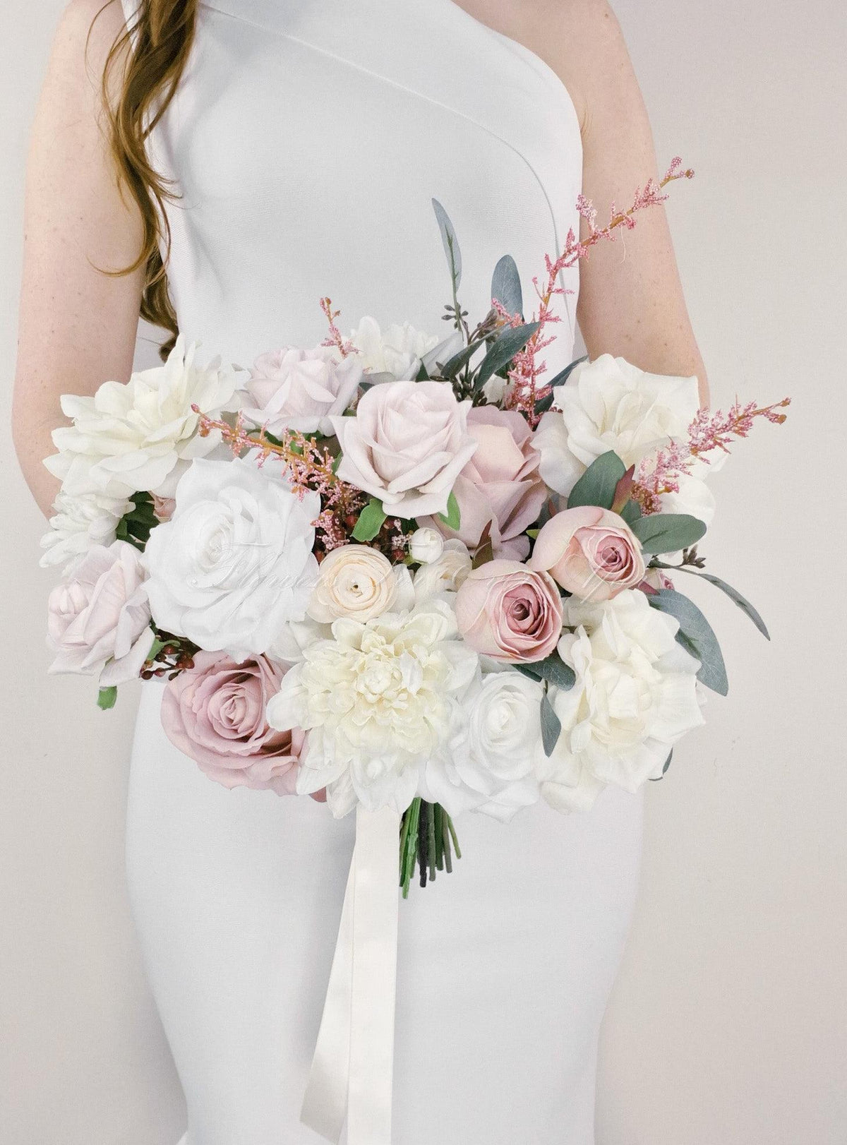 Artificial wedding bridal bouquet with blush faux roses, white blooms, eucalyptus and pink sprigs, finished with trailing white ribbon. Made in Melbourne by Flowers For Ever After, shipping Australia and Worldwide.