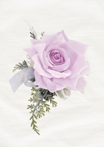 Artificial wedding wrist corsage, overhead view of an open pale lilac faux rose, pearl-style accents and fern-like foliage. For formals, proms and ball occasions. Made in Melbourne by Flowers For Ever After, shipping Australia and Worldwide.