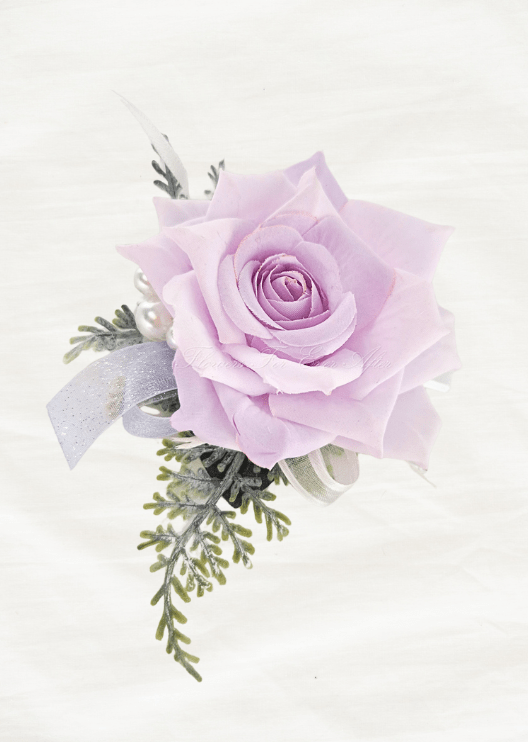 Artificial wedding wrist corsage, overhead view of an open pale lilac faux rose, pearl-style accents and fern-like foliage. For formals, proms and ball occasions. Made in Melbourne by Flowers For Ever After, shipping Australia and Worldwide.