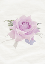 Artificial wedding wrist corsage, side view of a pale lilac faux rose with white and lilac ribbon loops and fern-like foliage. For formals, proms and ball occasions. Made in Melbourne by Flowers For Ever After, shipping Australia and Worldwide.