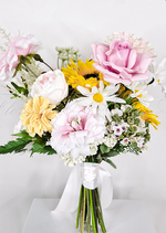 Artificial wedding bridesmaid bouquet, overhead view of mixed faux blooms and green leaves. Made in Melbourne by Flowers For Ever After, shipping Australia and Worldwide.