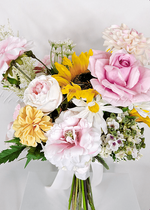 Artificial wedding bridesmaid bouquet, angled view of mixed faux flowers and wrapped stems. Made in Melbourne by Flowers For Ever After, shipping Australia and Worldwide.