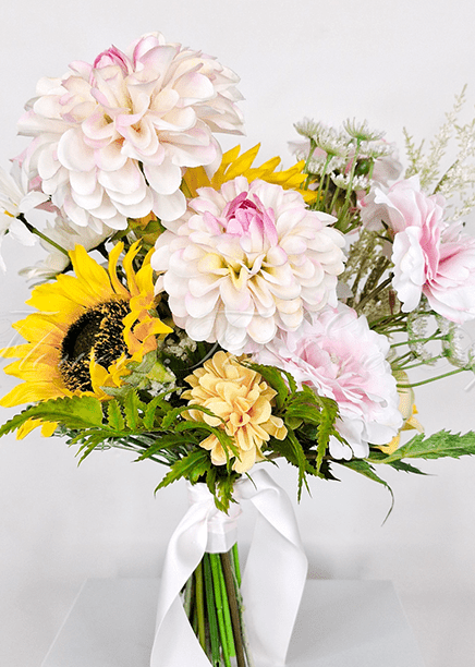 Artificial wedding bridesmaid bouquet with mixed faux blooms, green foliage and ribbon-wrapped stems. Made in Melbourne by Flowers For Ever After, shipping Australia and Worldwide.