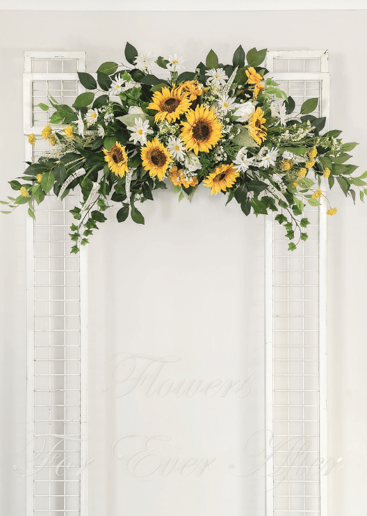 Artificial wedding arbor flower close-up with yellow faux sunflowers, white blooms and lush green leaves. Made in Melbourne by Flowers For Ever After, shipping Australia and Worldwide.