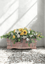 Artificial wedding ceremony floral cluster with yellow faux sunflowers, white blooms and trailing green leaves. Made in Melbourne by Flowers For Ever After, shipping Australia and Worldwide.